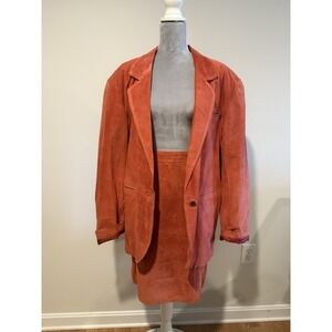 Vintage Hunt Club Woman's Sz 12 Suede 2 Piece Skirt Suit Blazer Orange 80s 90s